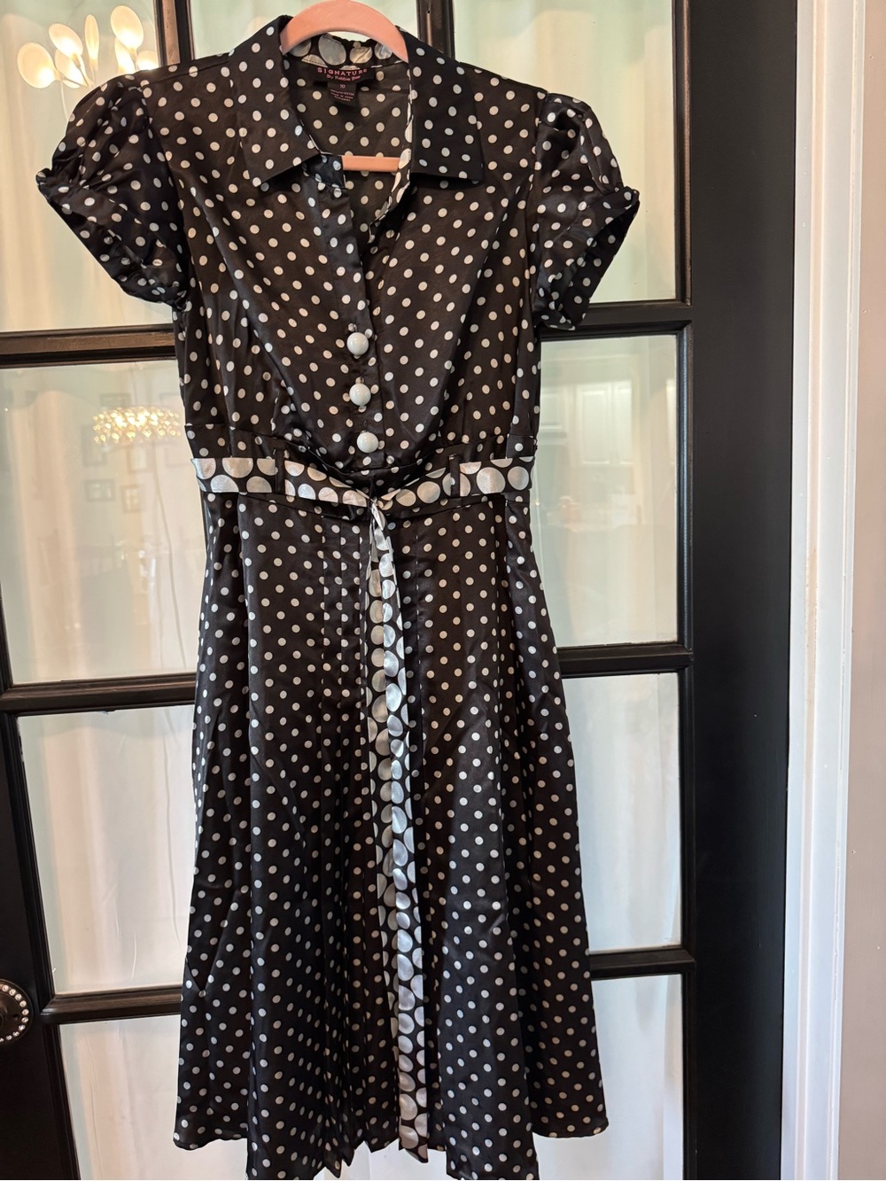 Robbie Bee Black Dress with White Polka Dots & Cap Sleeves